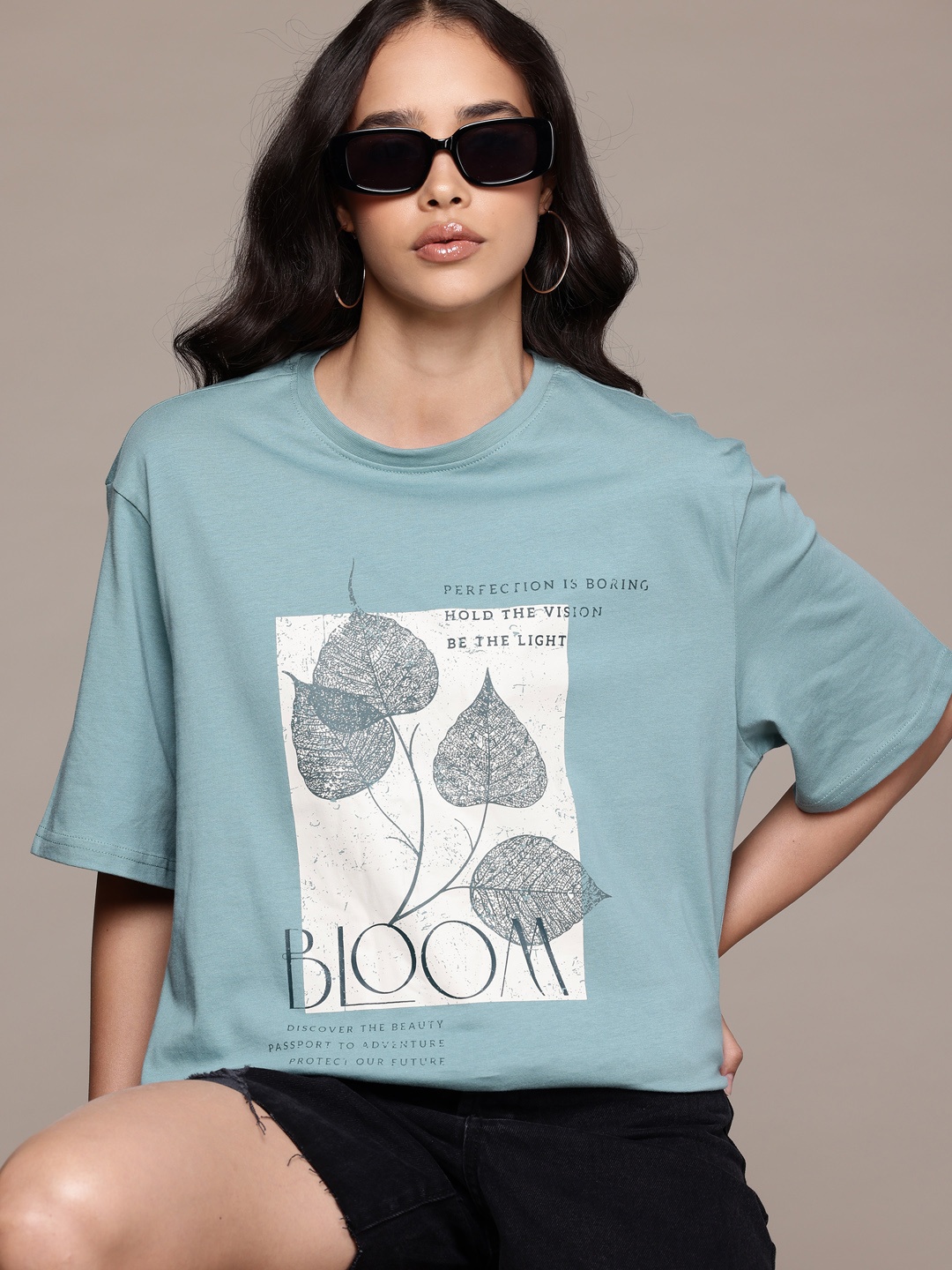 

The Roadster Lifestyle Co. Women Graphic Print Pure Cotton Oversized T-shirt, Blue