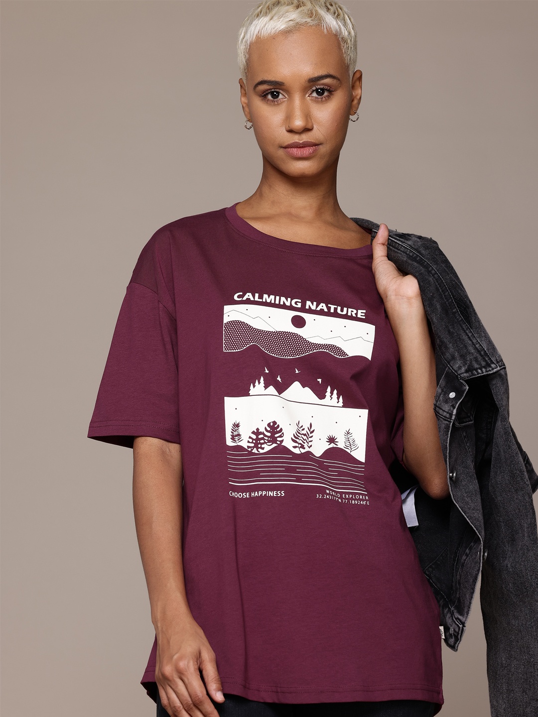 

The Roadster Lifestyle Co. Printed Oversized Pure Cotton T-shirt, Burgundy