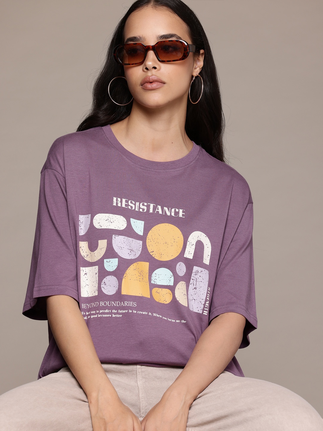 

The Roadster Lifestyle Co. Printed Pure Cotton Oversized T-shirt, Mauve