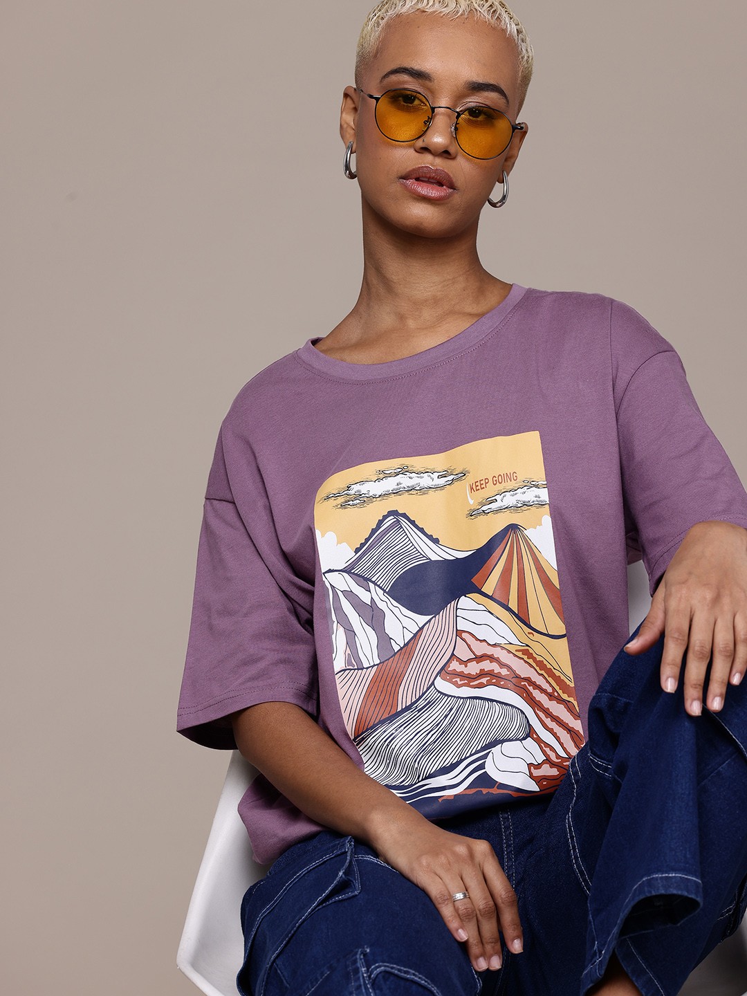 

The Roadster Lifestyle Co. Printed Pure Cotton Oversized T-shirt, Purple