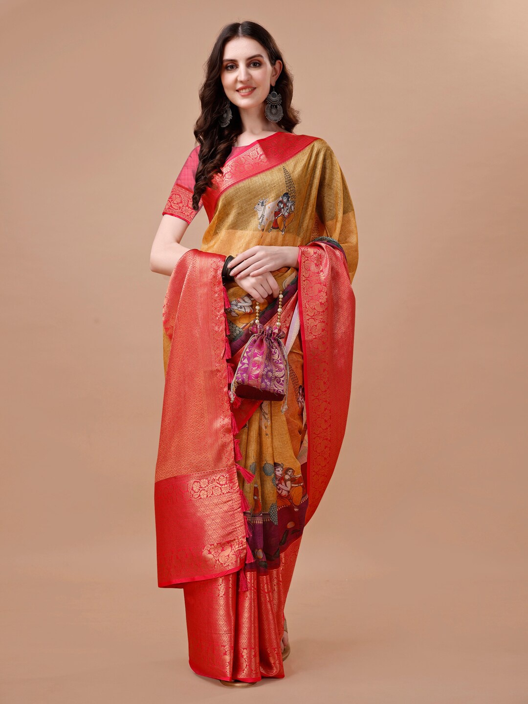 

JUST FASHION Ethnic Motifs Printed Zari Art Silk Banarasi Saree, Yellow