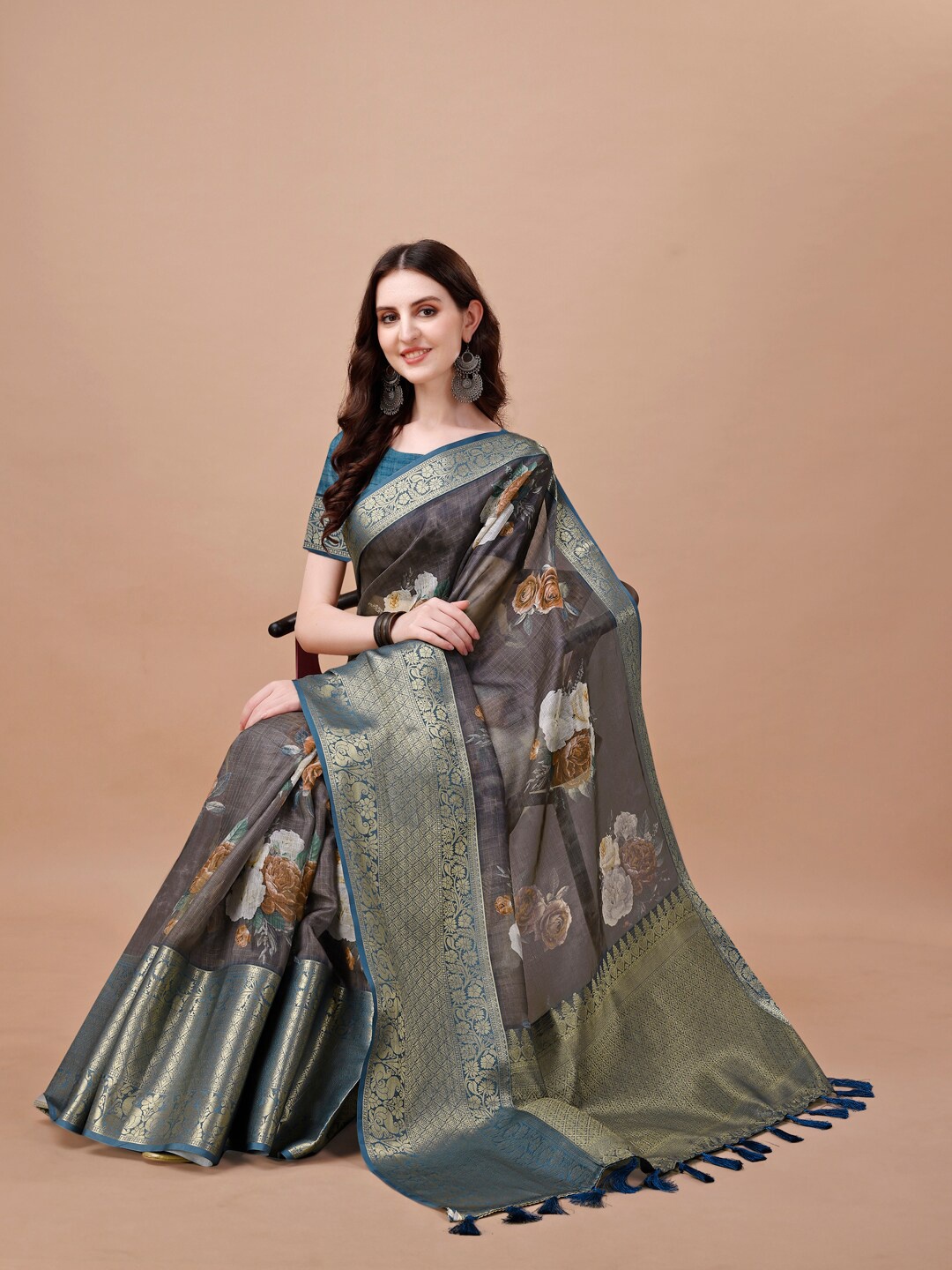 

JUST FASHION Ethnic Motifs Printed Zari Art Silk Banarasi Saree, Blue