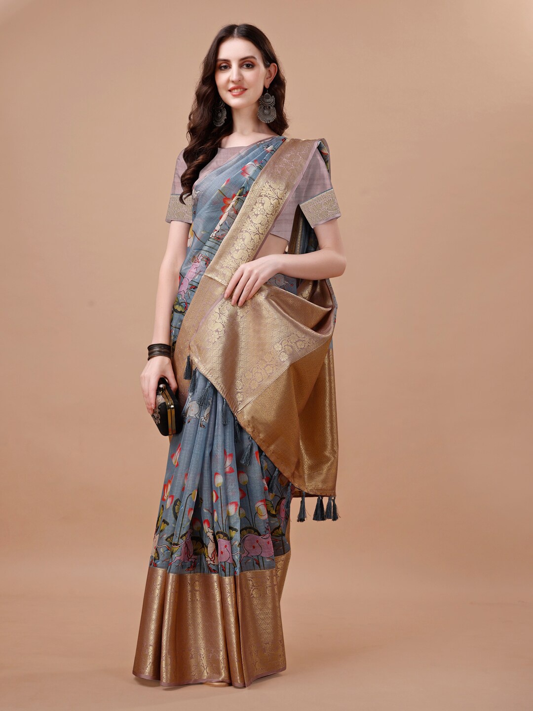 

JUST FASHION Ethnic Motifs Printed Zari Art Silk Banarasi Saree, Blue