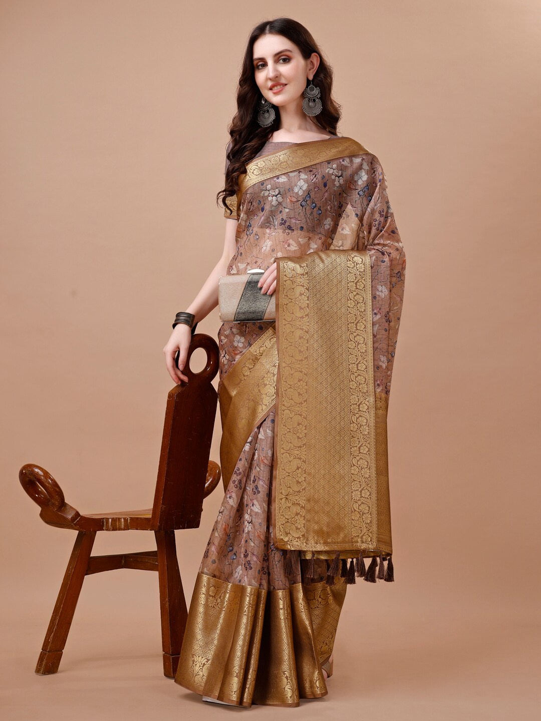 

JUST FASHION Floral Printed Zari Art Silk Banarasi Saree, Brown