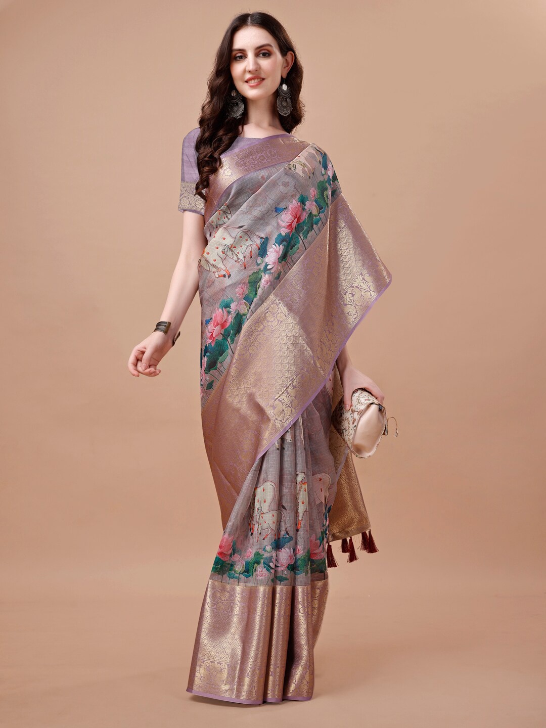 

JUST FASHION Ethnic Motifs Printed Zari Art Silk Banarasi Saree, Purple
