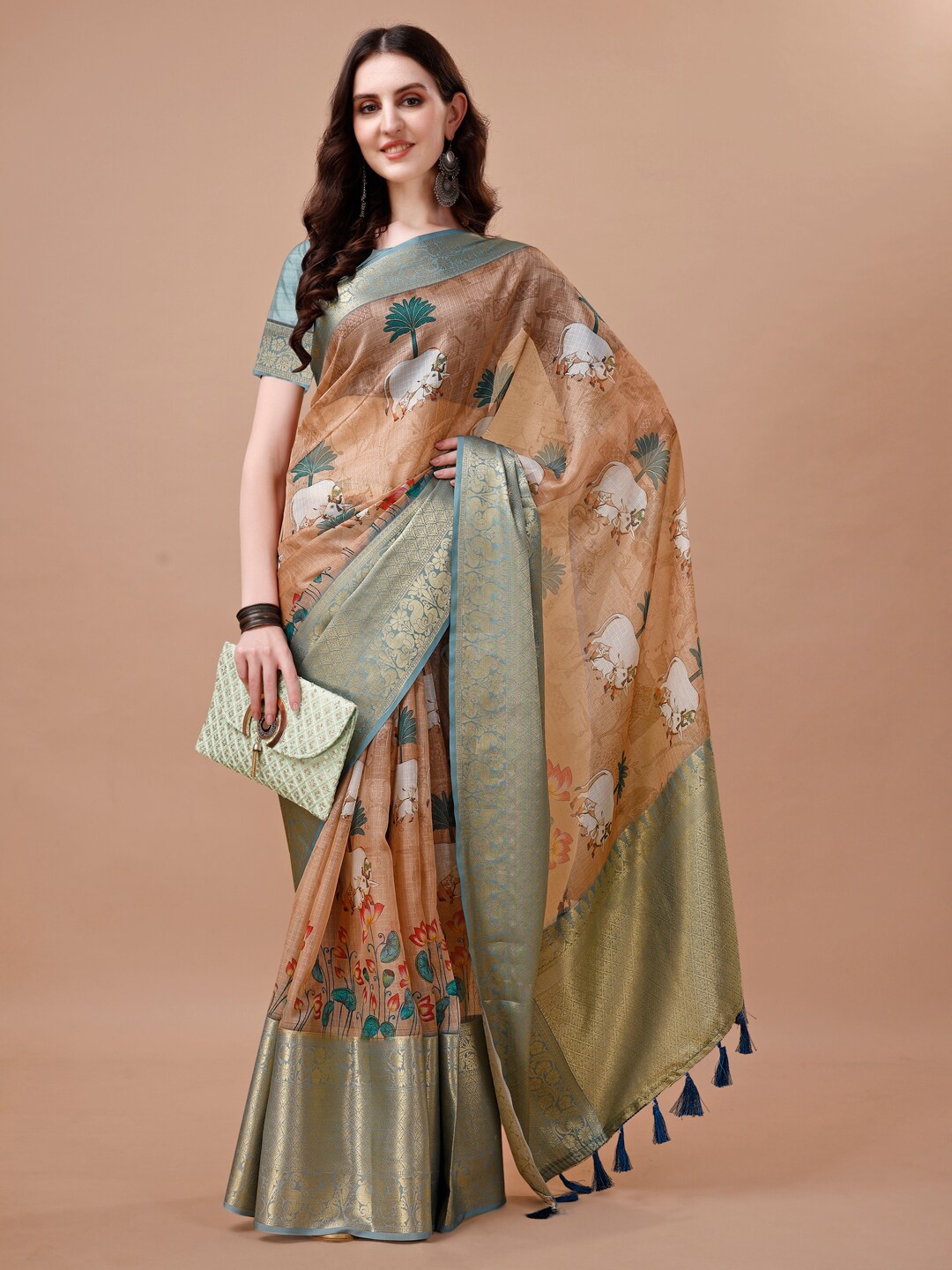 

JUST FASHION Ethnic Motifs Printed Zari Art Silk Banarasi Saree, Brown