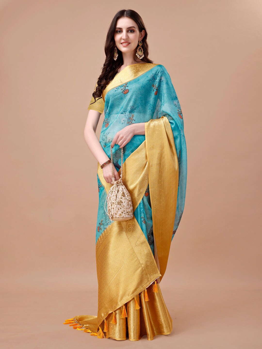 

JUST FASHION Ethnic Motifs Printed Zari Art Silk Banarasi Saree, Blue
