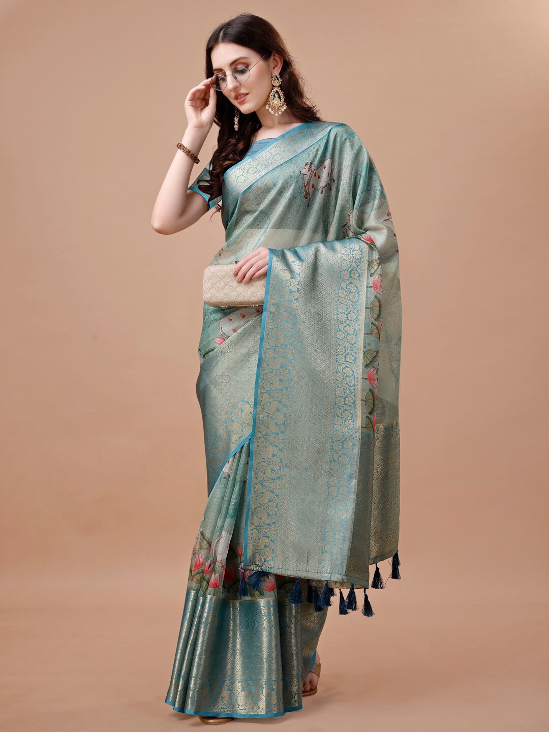 

JUST FASHION Ethnic Motifs Printed Zari Art Silk Banarasi Saree, Blue
