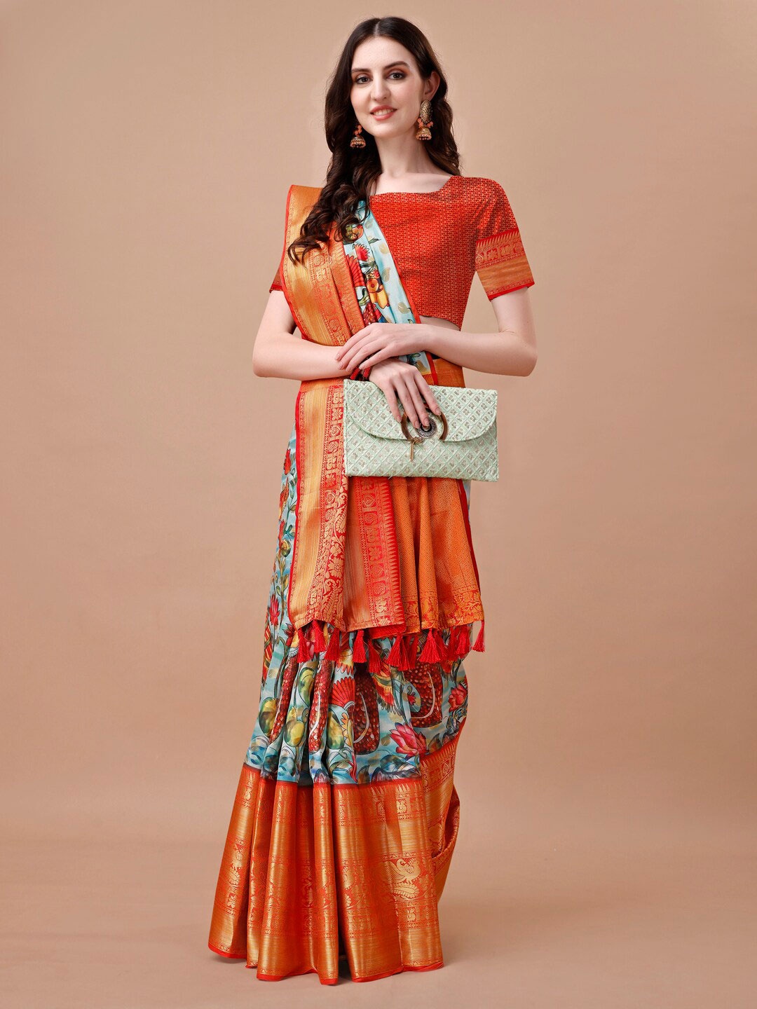 

JUST FASHION Floral Printed Zari Art Silk Banarasi Saree, Blue