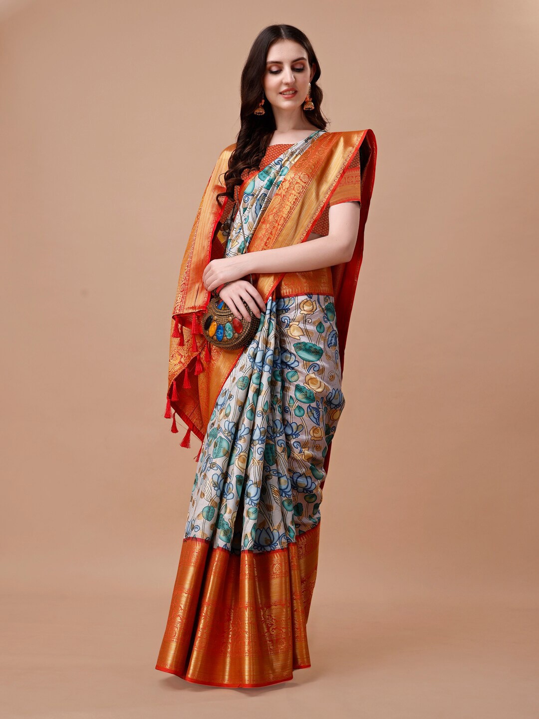 

JUST FASHION Kalamkari Printed Zari Art Silk Banarasi Saree, Blue