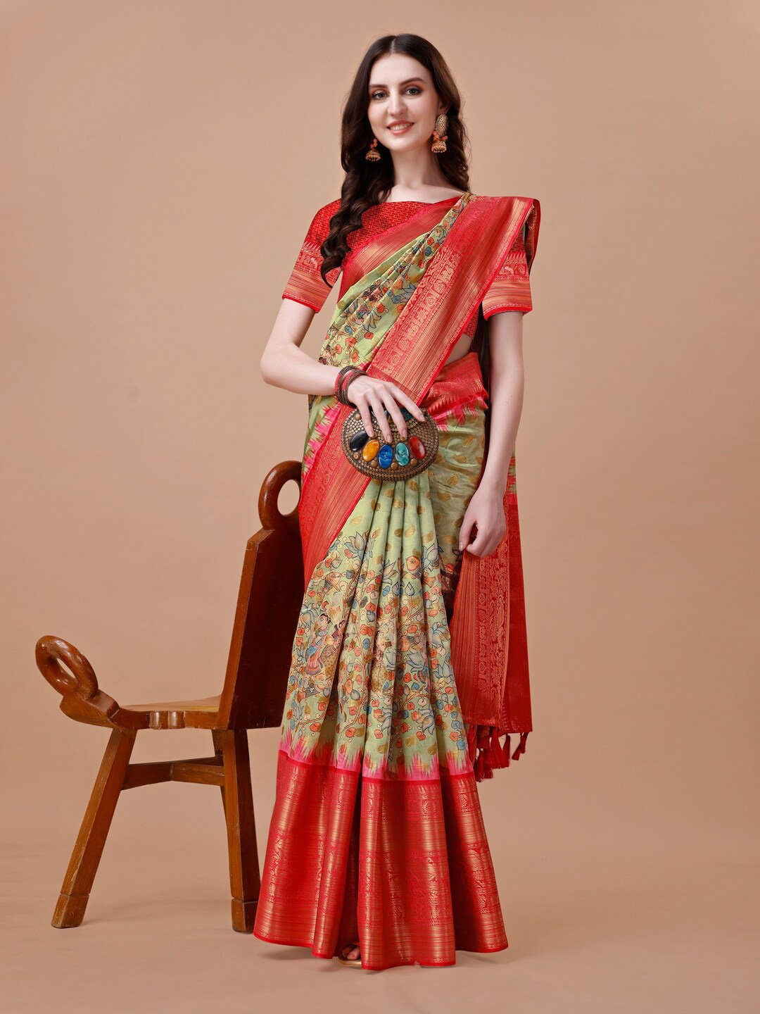 

JUST FASHION Floral Printed Zari Art Silk Banarasi Saree, Green