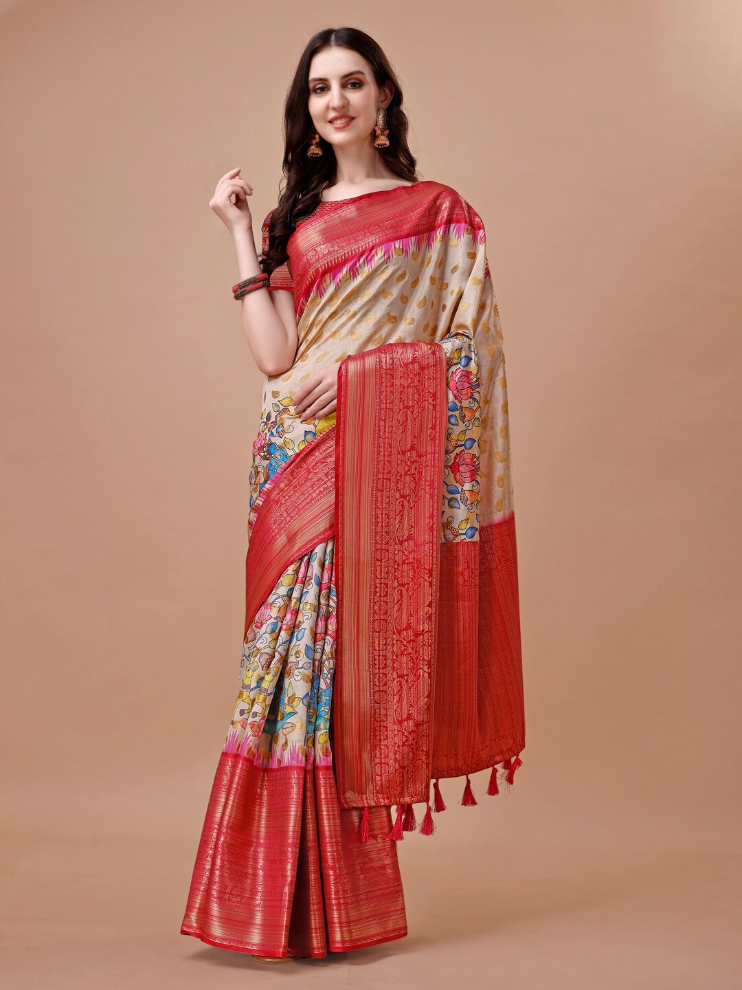 

JUST FASHION Kalamkari Printed Zari Art Silk Banarasi Saree, Beige