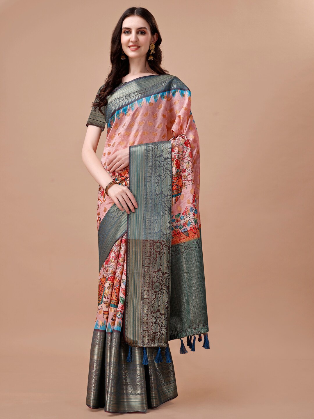 

JUST FASHION Kalamkari Printed Zari Art Silk Banarasi Saree, Pink