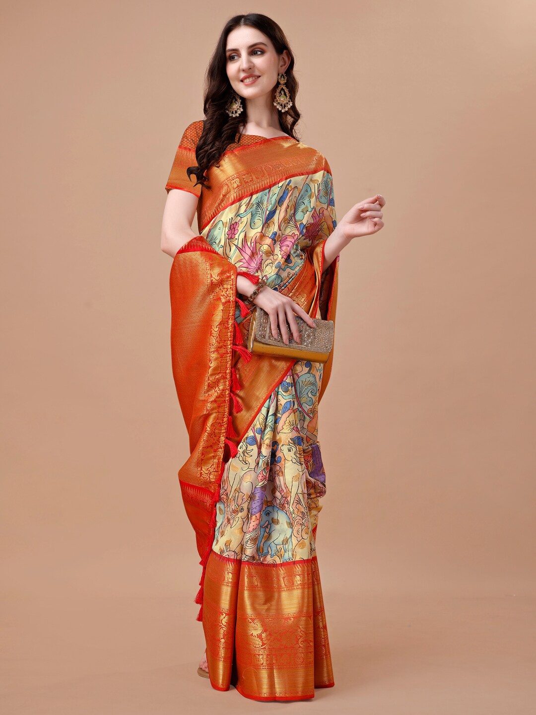 

JUST FASHION Kalamkari Printed Zari Art Silk Banarasi Saree, Yellow
