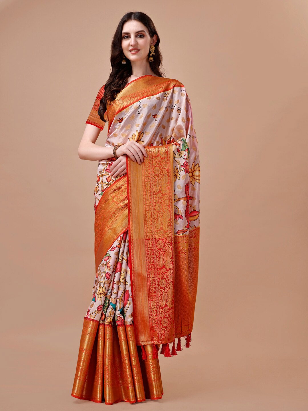 

JUST FASHION Kalamkari Printed Zari Art Silk Banarasi Saree, Beige