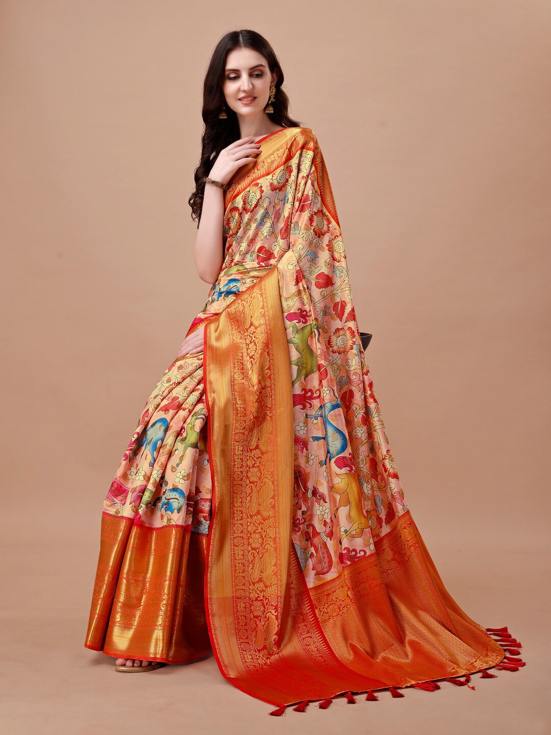 

JUST FASHION Kalamkari Printed Zari Art Silk Banarasi Saree, Orange