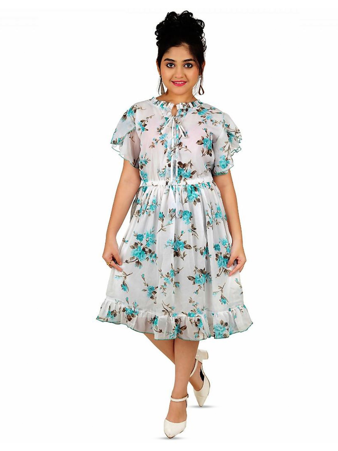 

BAESD Girls Floral Printed Tie-Up Neck Georgette Fit & Flare Midi Dress, Blue