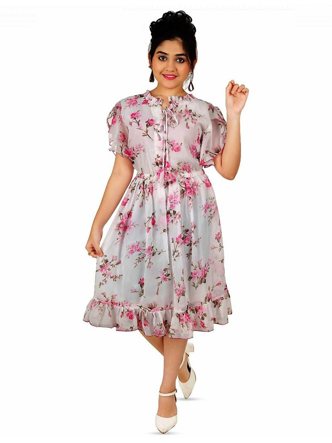 

BAESD Girls Floral Printed Tie-Up Neck Georgette Fit & Flare Midi Dress, Pink