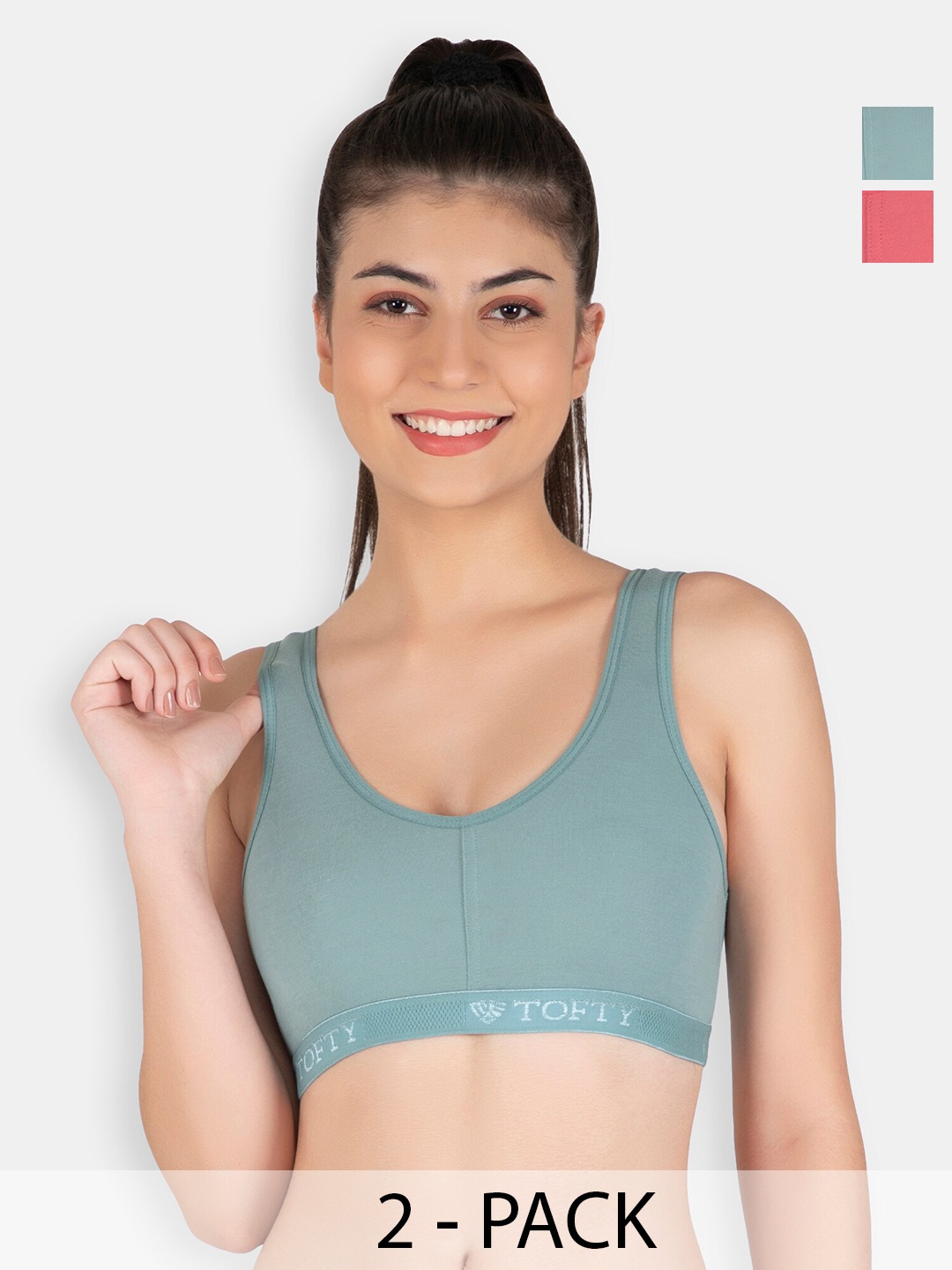 

TOFTY Pack of 2 Full Coverage Non Padded Cotton Sports Bra With All Day Comfort, Sea green