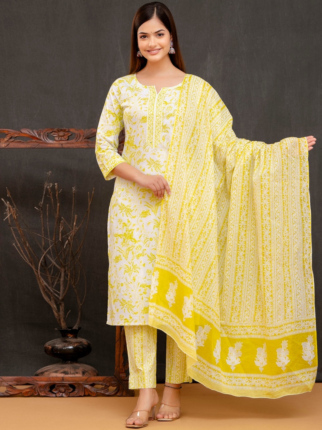 

D K W Floral Printed Mirror Work Pure Cotton Straight Kurta & Trouser With Dupatta, Yellow