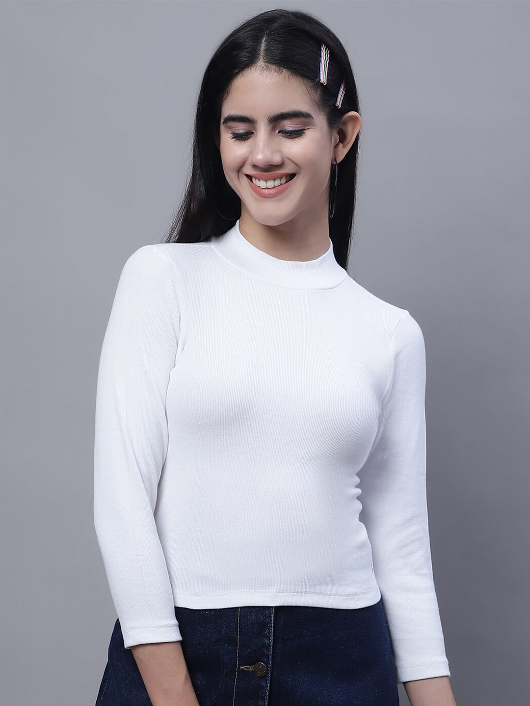 

FBAR Full Sleeves High Neck Fitted Cotton Top, White