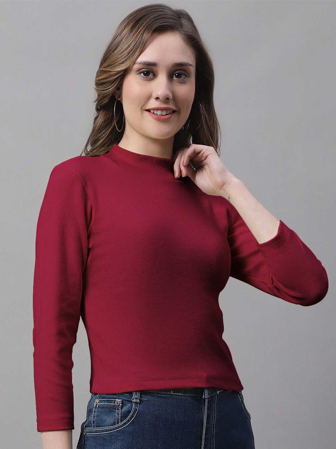 

FBAR Full Sleeves High Neck Fitted Cotton Top, Maroon