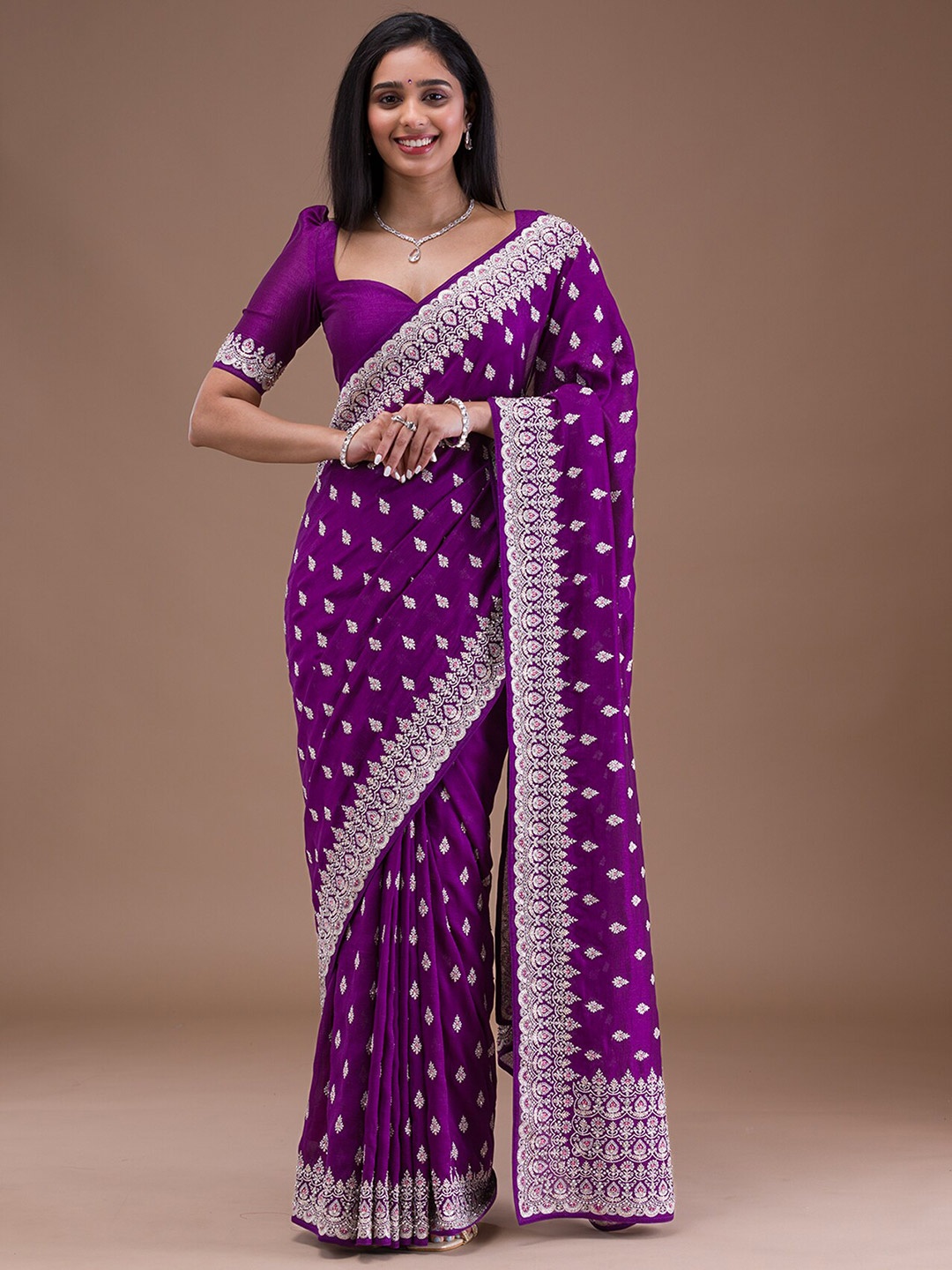 

Koskii Floral Embroidered Silk Saree, Purple