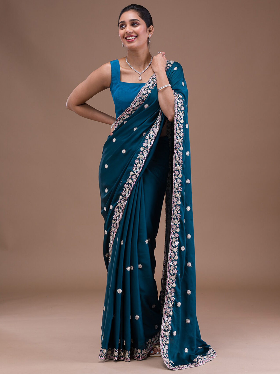 

Koskii Floral Embroidered Sequinned Satin Saree, Blue