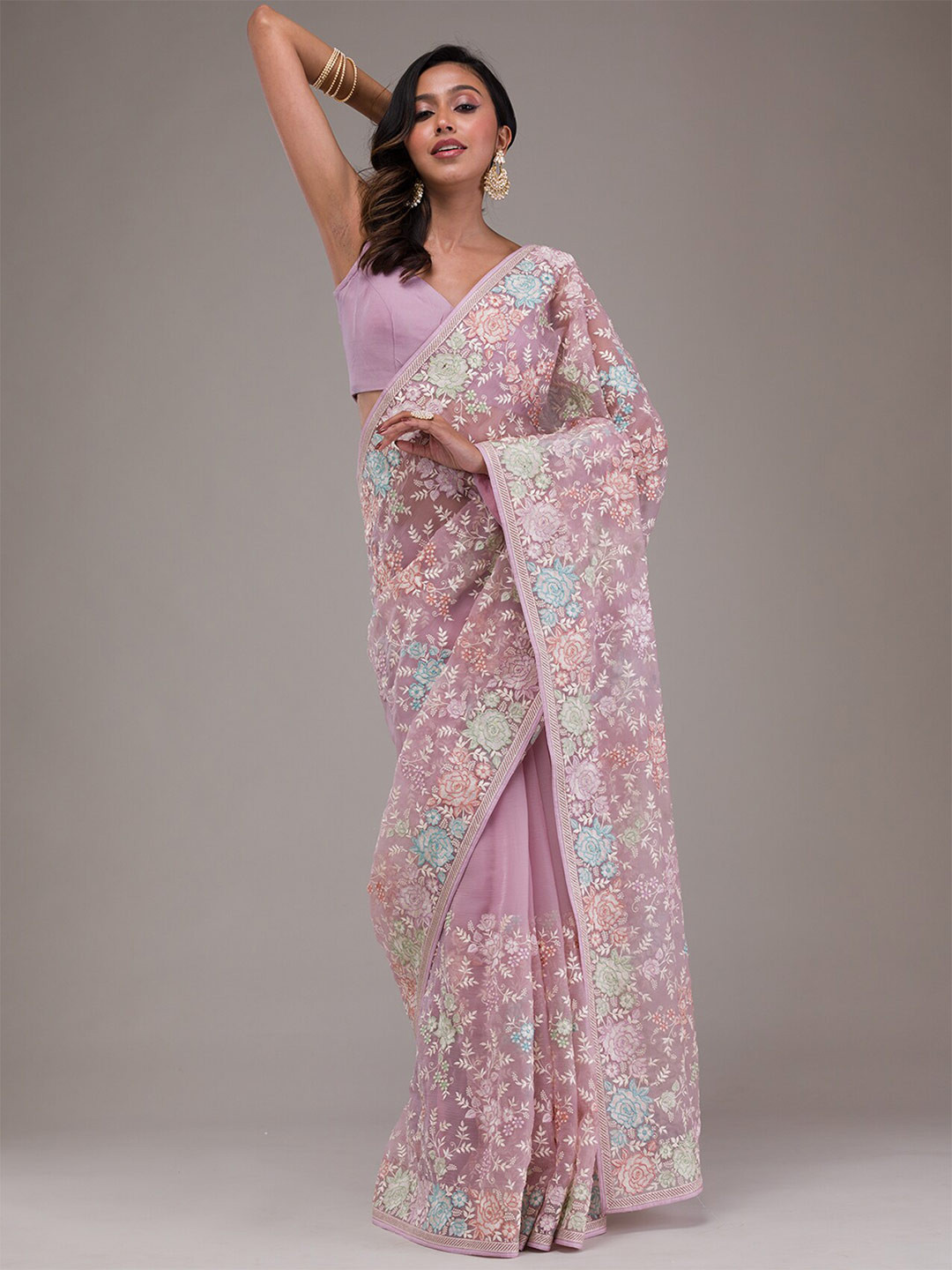 

Koskii Floral Embroidered Tissue Saree, Pink