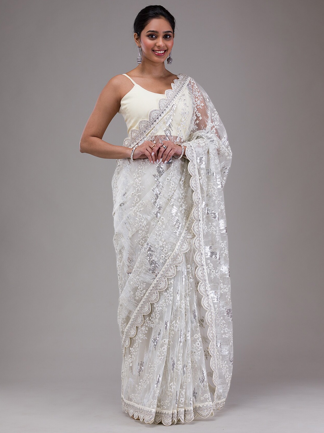 

Koskii Floral Embroidered Sequinned & Thread Work Net Saree, White