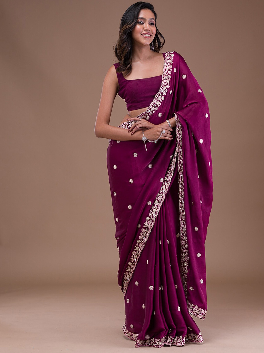 

Koskii Floral Gotta Patti Satin Heavy Work Saree, Purple