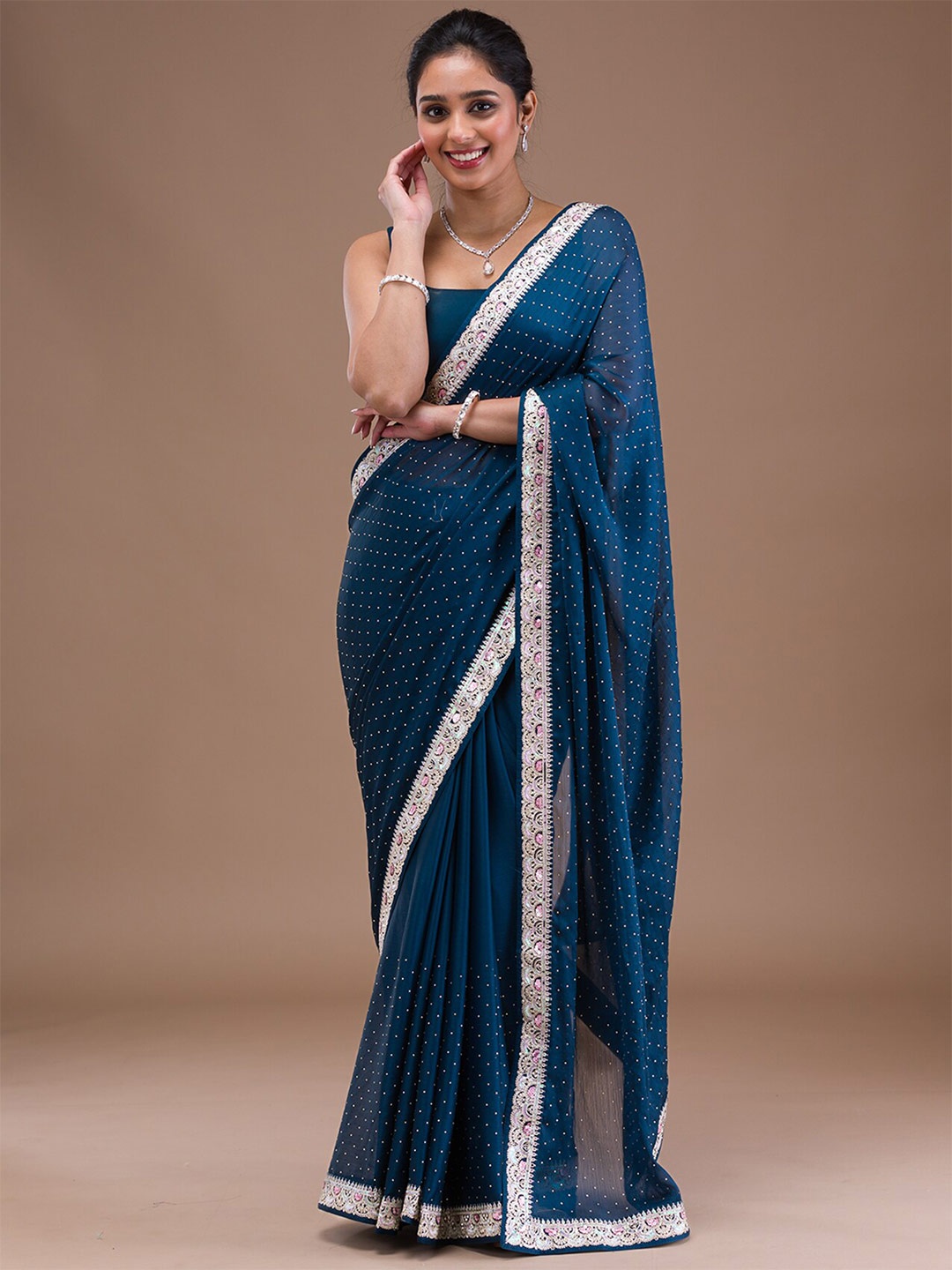 

Koskii Embellished Embroidered Crepe Heavy Work Saree, Blue