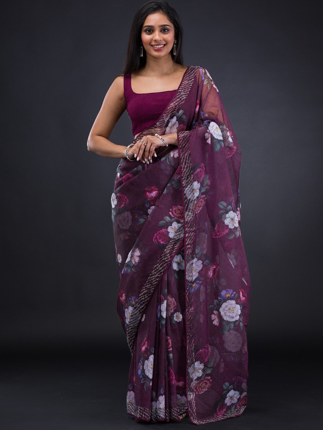 

Koskii Floral Beads and Stones Tissue Saree, Purple
