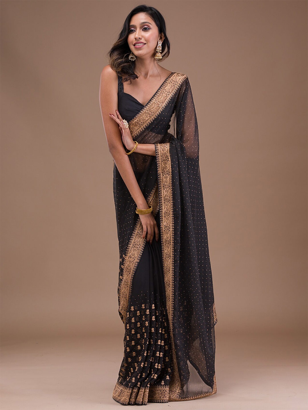 

Koskii Ethnic Motifs Embroidered Zari Saree, Black