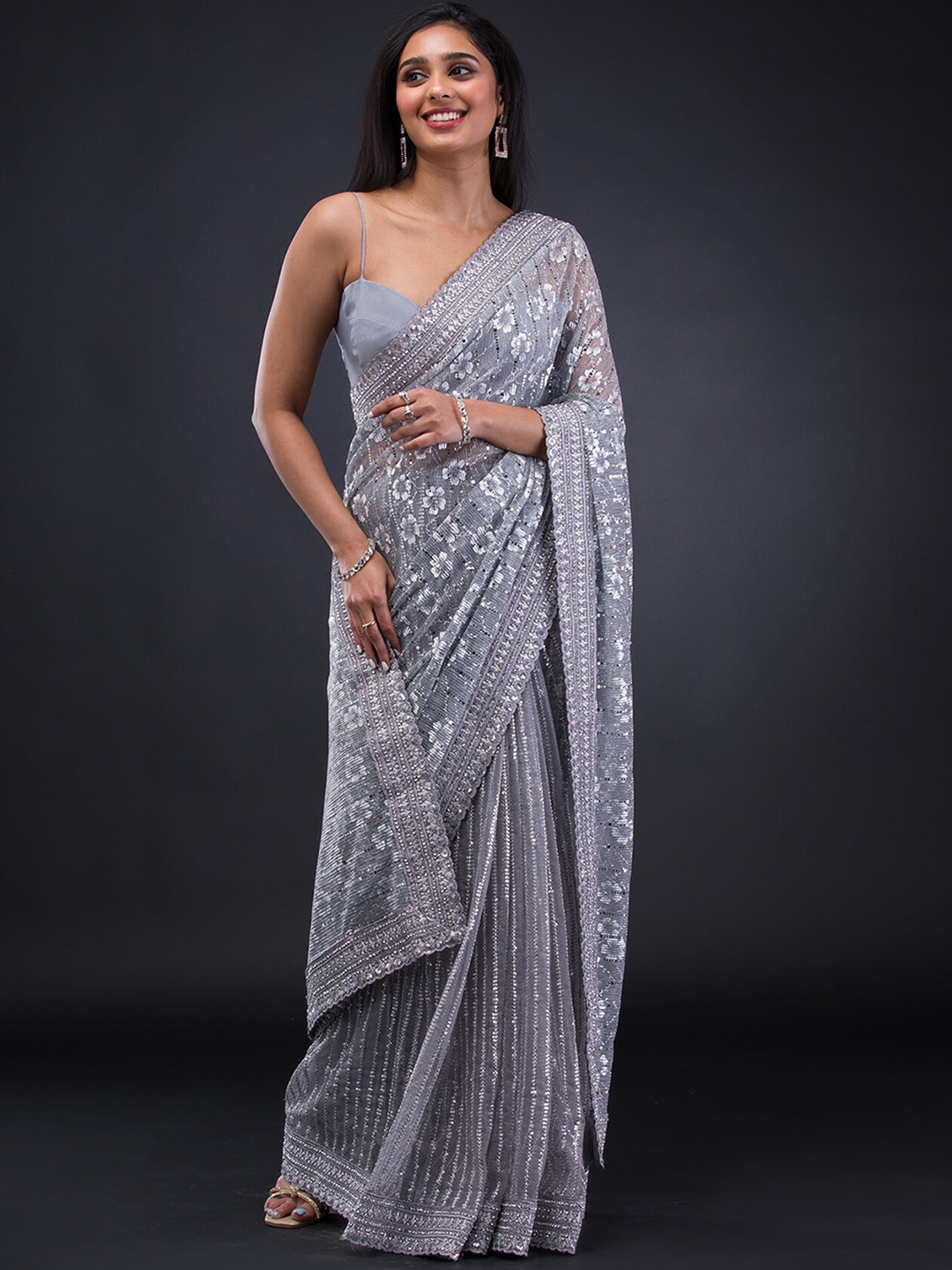 

Koskii Floral Embellished Beads & Stones Saree, Grey