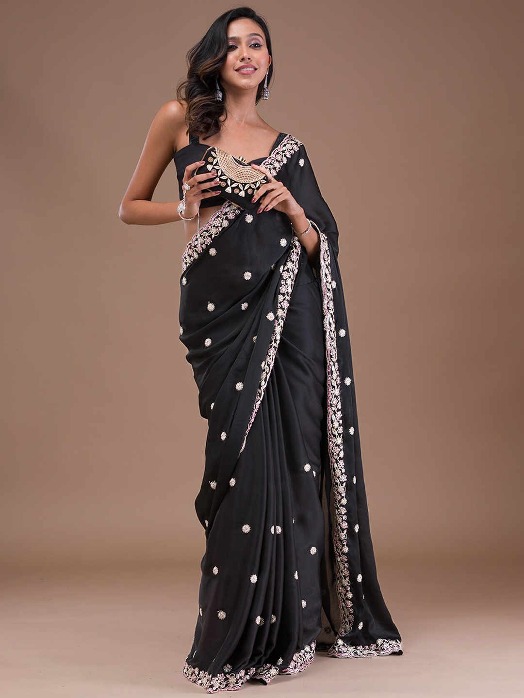 

Koskii Floral Gotta Patti Satin Heavy Work Saree, Black