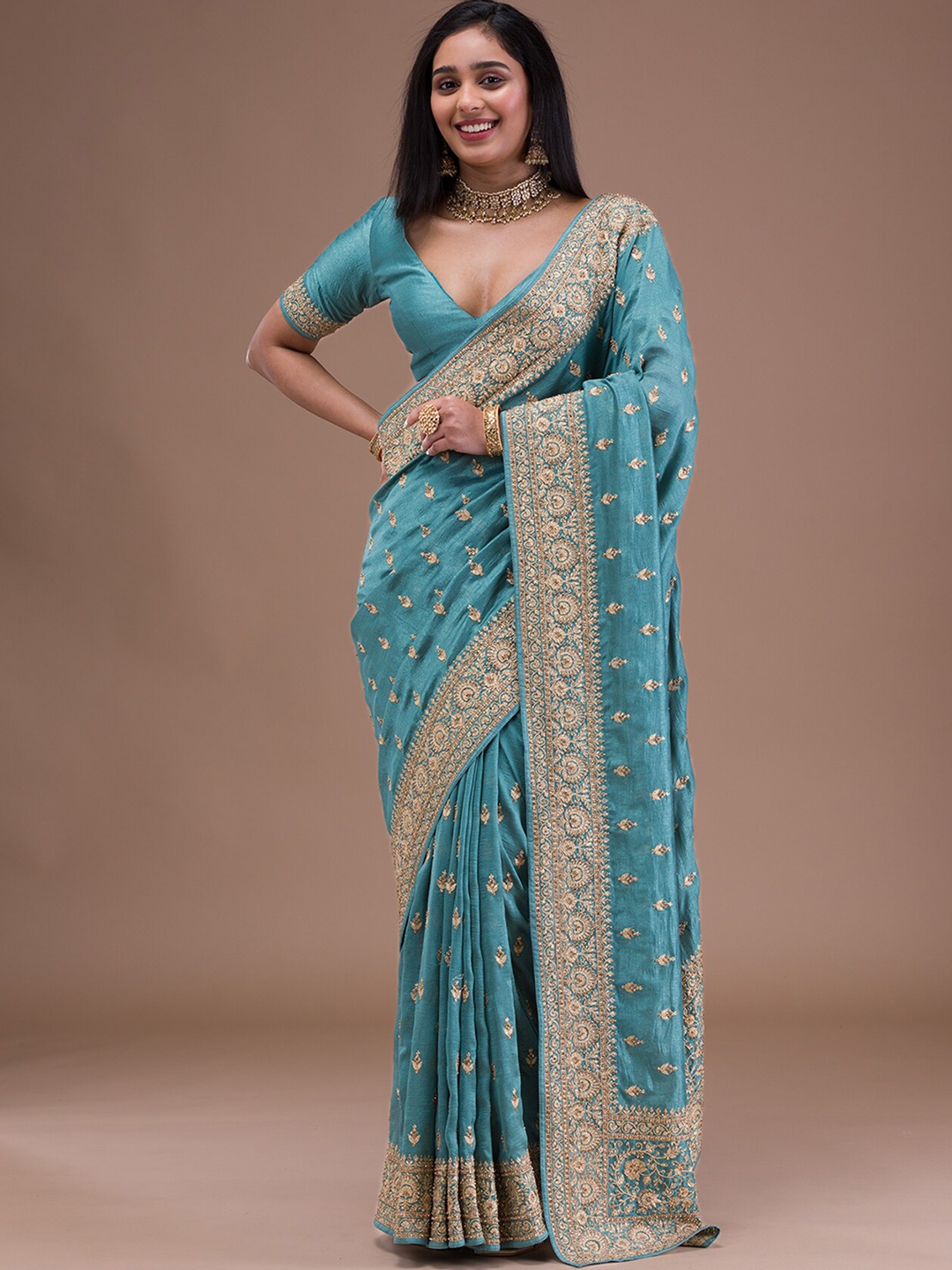 

Koskii Floral Embroidered Silk Heavy Work Saree, Blue