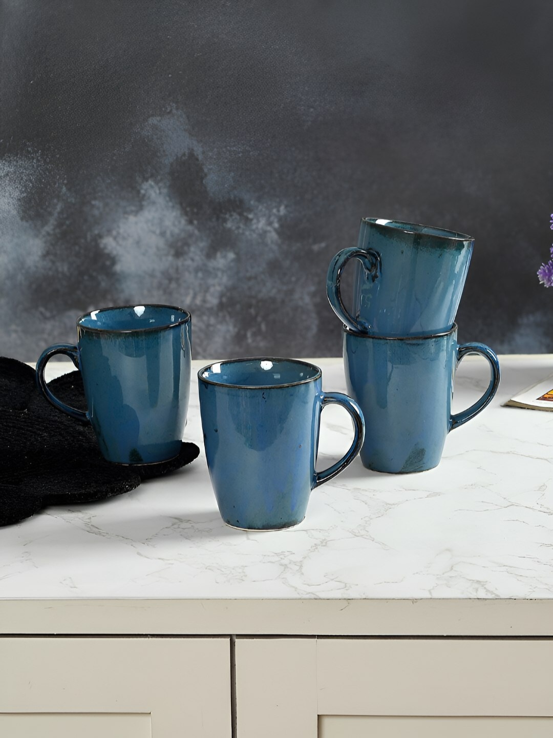 

CLIO'S HERITAGE STORE Blue & Black 4Pcs Handcrafted Ceramic Glossy Mugs 300ml Each