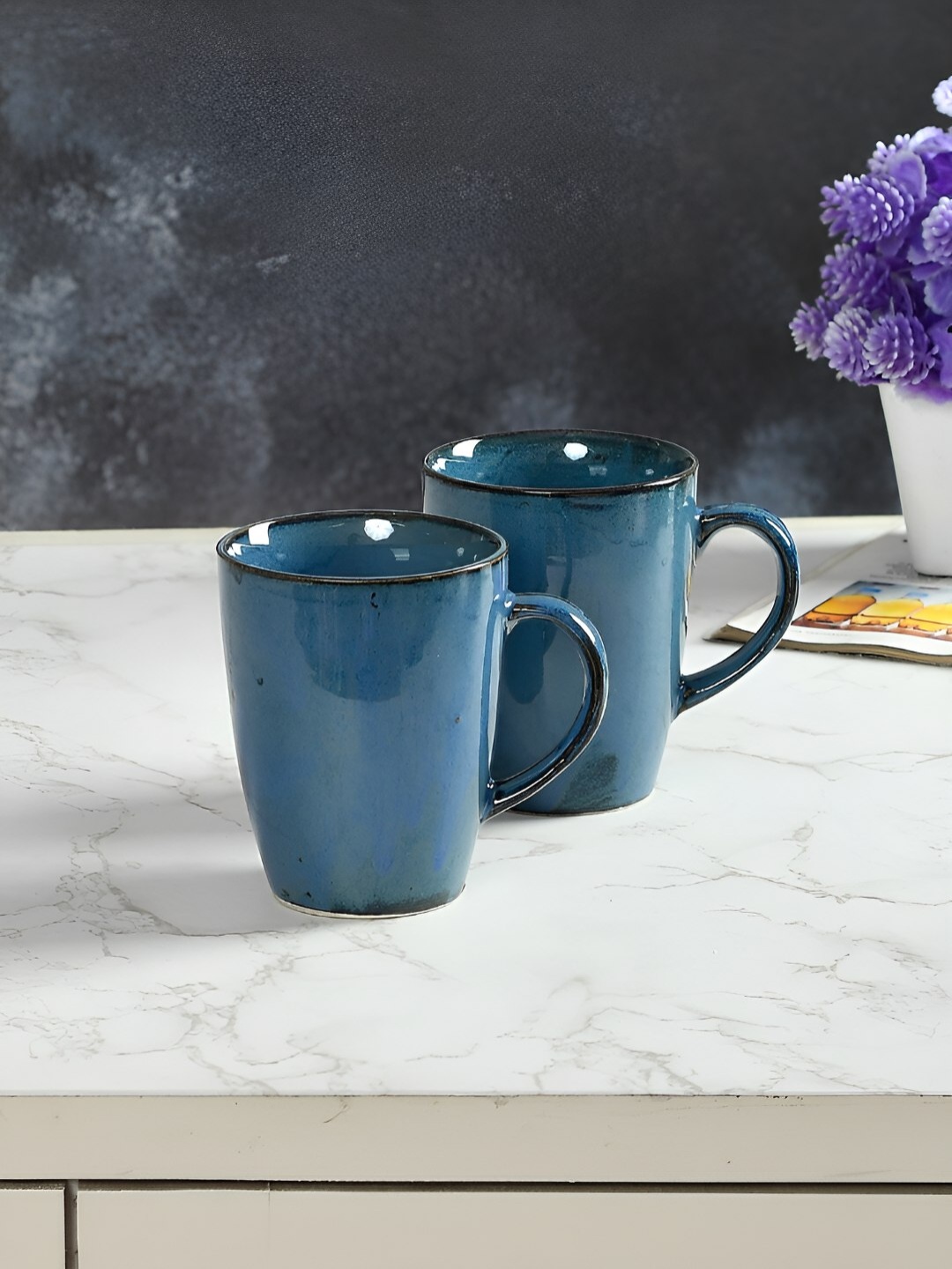 

CLIO'S HERITAGE STORE Blue & Black 2Pcs Handcrafted Ceramic Glossy Mugs 300ml Each