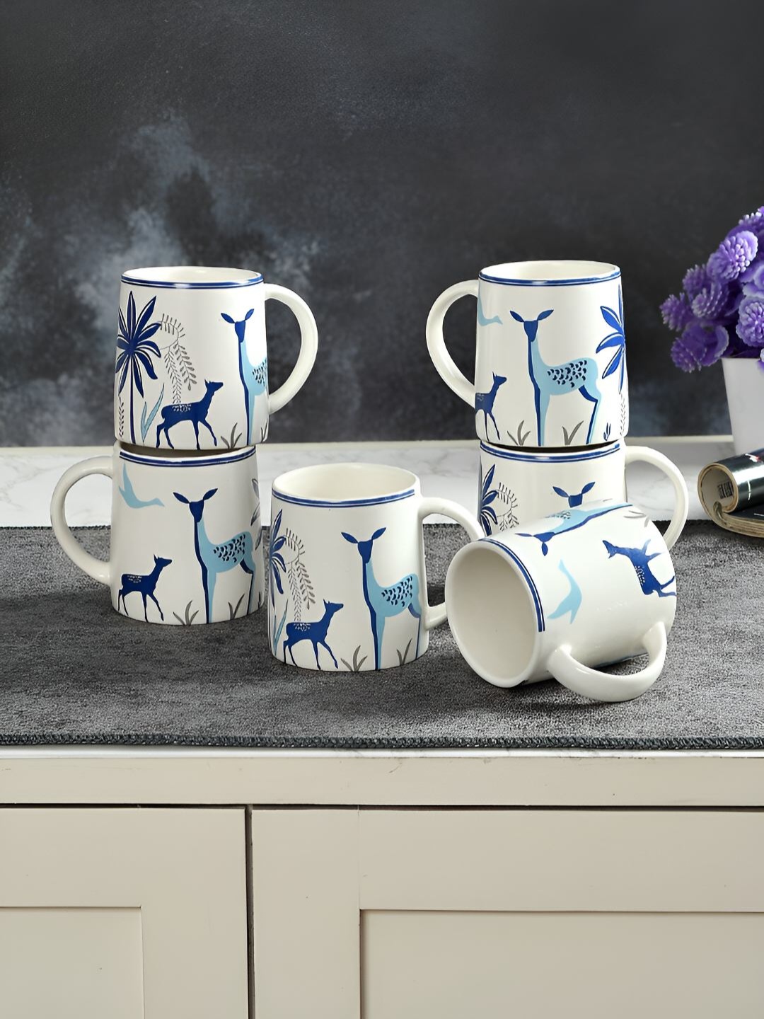 

CLIO'S HERITAGE STORE Beige & Blue 6Pcs Printed Handcrafted Ceramic Glossy Mugs 300ml Each