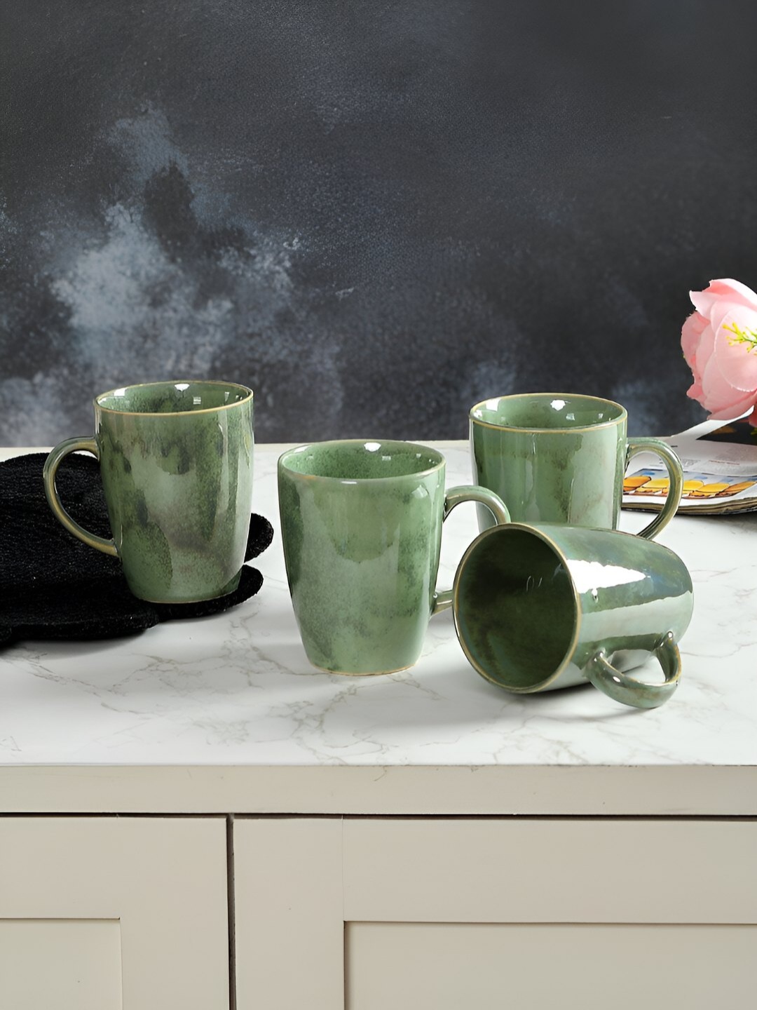 

CLIO'S HERITAGE STORE Green 4Pcs Handcrafted Ceramic Glossy Mugs 300ml Each