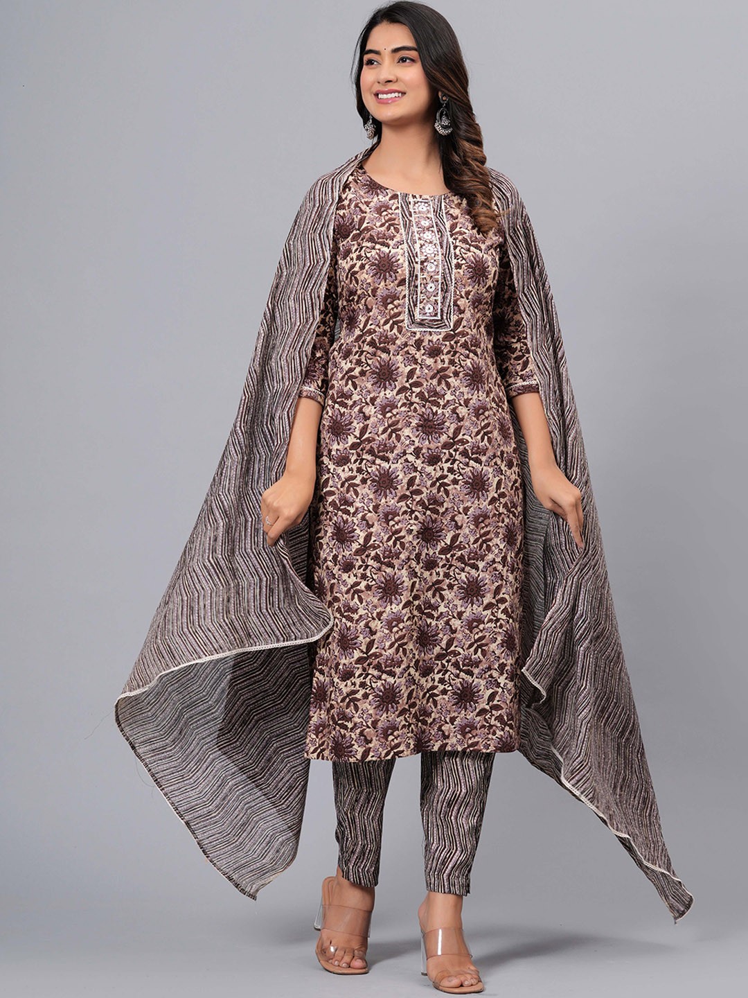 

KALINI Floral Printed Regular Beads and Stones Pure Cotton Kurta with Trousers & Dupatta, Brown