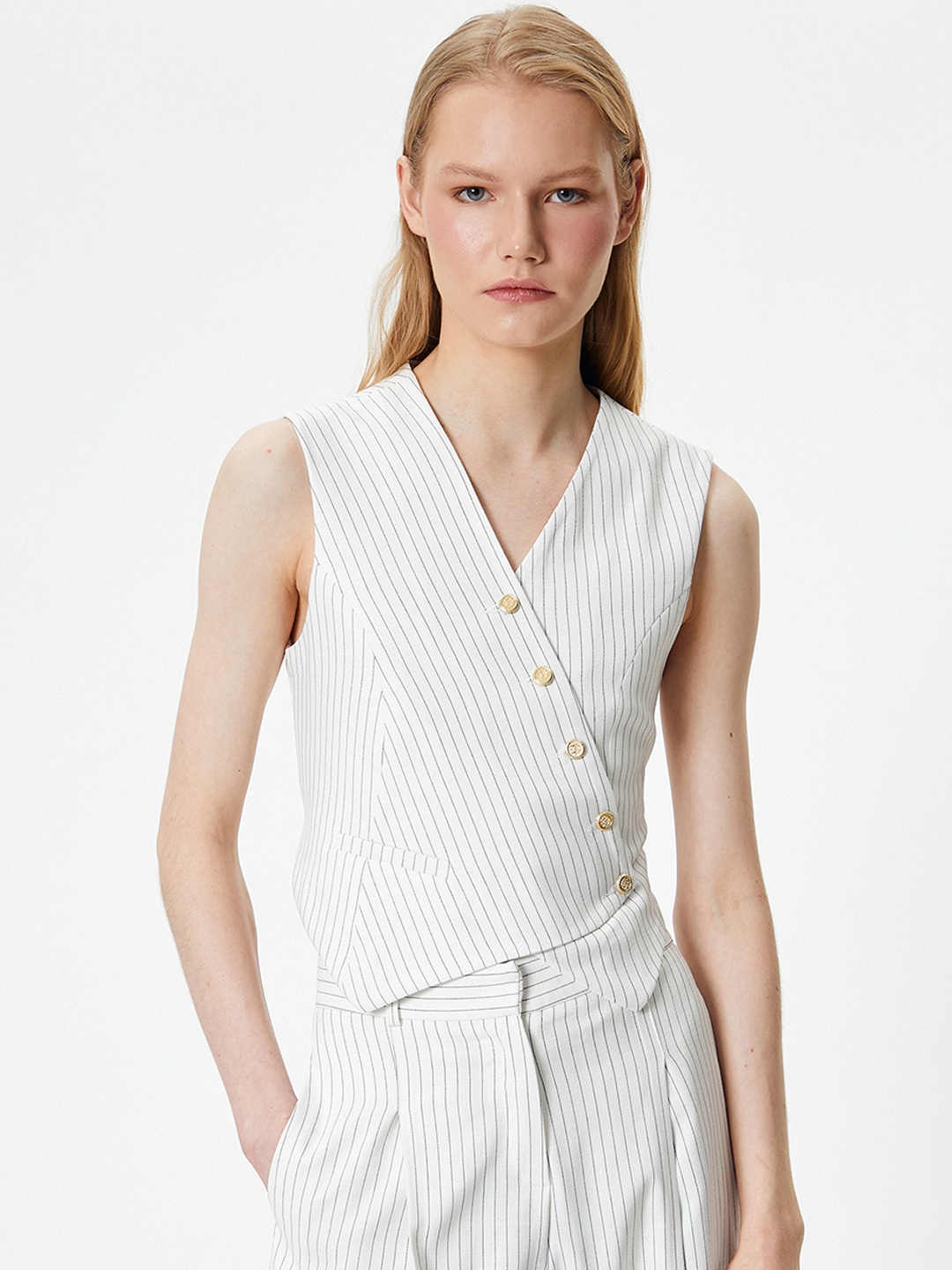 

Koton Striped V-Neck Waistcoat, Black