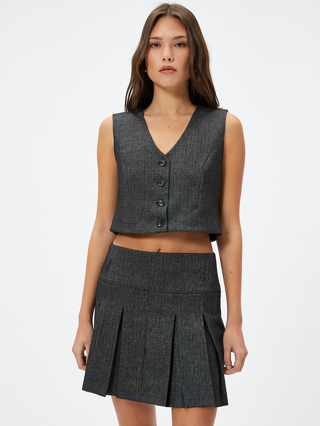 

Koton Woven Design V-Neck Waistcoat, Black