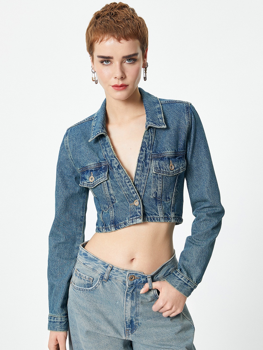 

Koton Long Sleeves Crop Denim Jacket, Blue