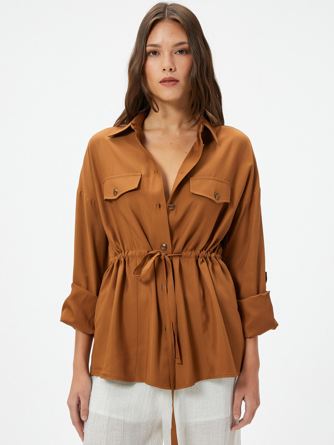 

Koton Women Spread Collar Tie Up Tailored Jacket, Brown