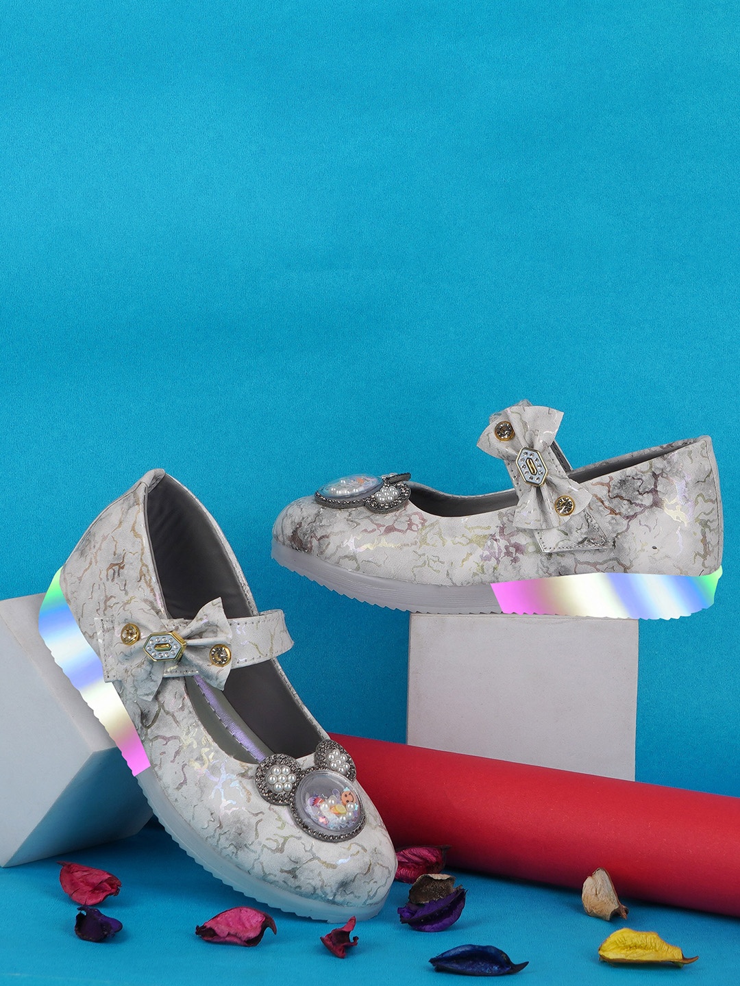 

BAESD Girls Printed Bow Embellished Ballerinas, Grey