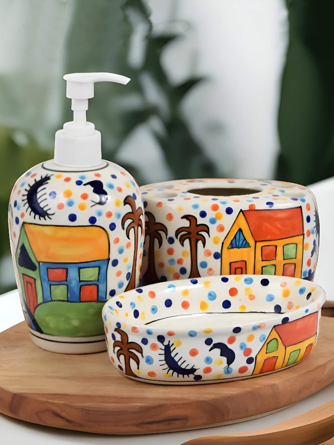 

Kaolinite White 3 Pieces Printed Ceramic Bathroom Accessories