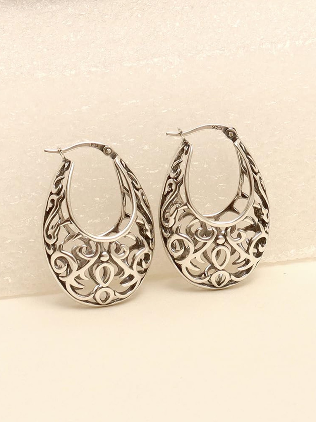 

LeCalla 925 Sterling Silver Plated Oval Oxidized Hoop Earrings