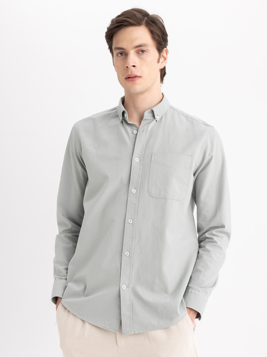 

DeFacto Button-Down Collar Pure Cotton Casual Shirt, Grey